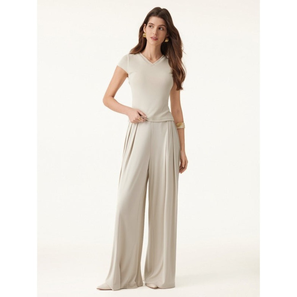 OGL Sandwashed Mid Rise Pleated Wide Leg Jersey Knit Trousers Palazzo Pants